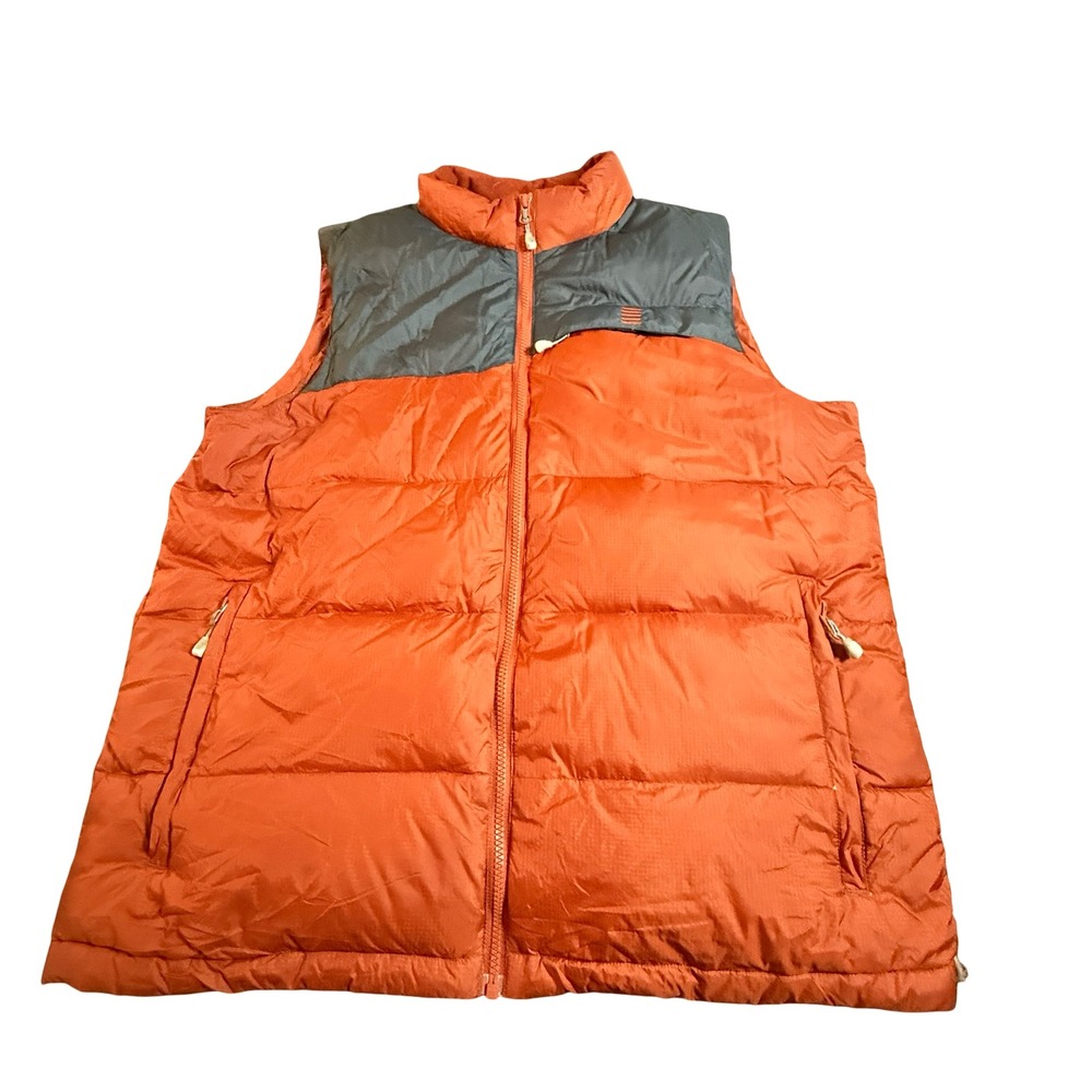 Lands' End Puffer Vest Mens L Burnt Orange Gray Goose Down Winter Gilet